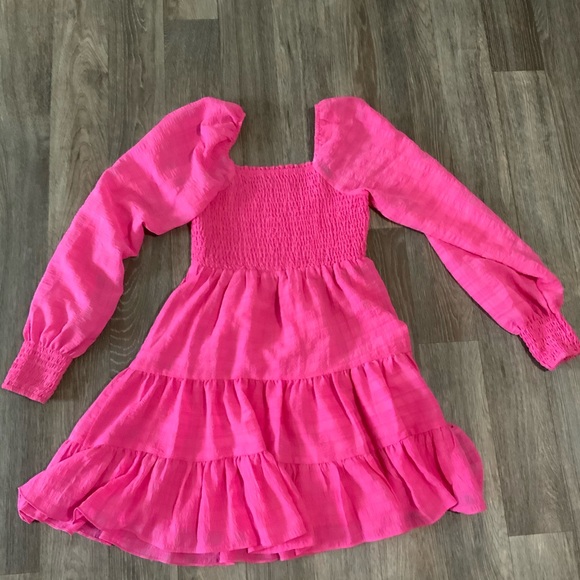 UO River Smock Long Sleeve Hot Pink Ruffle Plaid Mini Dress - OBO - Picture 3 of 9